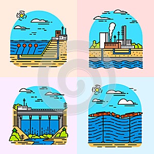 Power plants icons. Industrial buildings. Nuclear Factories, Chemical Geothermal, Solar Wind Tidal Wave Hydroelectric