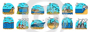 Power plants icons. Industrial buildings. Nuclear Factories, Chemical Geothermal, Solar Wind Tidal Wave Hydroelectric