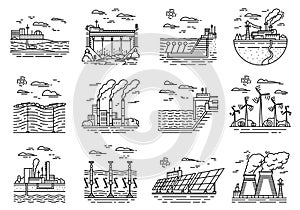 Power plants icons. Set of industrial buildings. Nuclear Factories, Chemical Geothermal, Solar Wind Tidal Wave