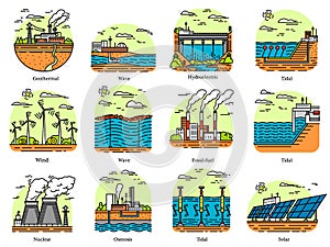 Power plants icons. Set of industrial buildings. Nuclear Factories, Chemical Geothermal, Solar Wind Tidal Wave