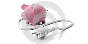 Power plug and piggy bank isolated on white background. 3d illustration