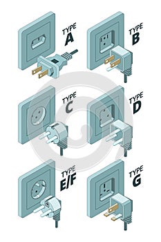 Power plug types. Electricity energy box connector meter 3d isometric vector illustrations