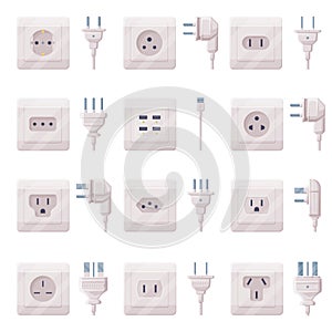 Power Plugs and Sockets for Connecting Electric Equipment Vector Set