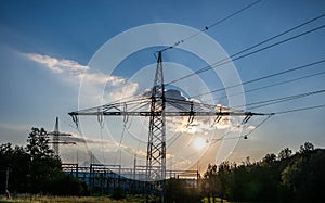 Power pole in front of a blue sky