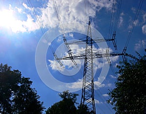 Power pole in front of blue sky with sun