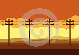 Power pole in front of hills with landscape mode and beautiful sunset. electricity pole along the way. Utility pole Electricity