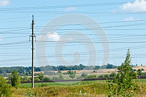 Power poles. Pole with wires. Steel structures supporting wires