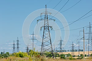 Power poles. Pole with wires. Steel structures supporting wires