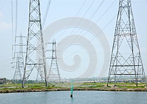 Power pylons by the shore