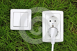 Power receptacle and light switch on a green grass