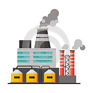 Power Refinery Plant, Industrial Factory Building with Polluting Smoke Flat Vector Illustration