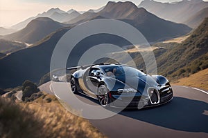 Power roaring amidst majestic mountain roads Bugatti Veyron supercar generative by AI