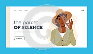 Power of Silence Landing Page Template. Woman Showing Gesture Of Silence With An Fingers Placed In Front Of Her Lips