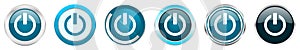 Power silver metallic chrome border icons in 6 options, set of web blue round buttons isolated on white background