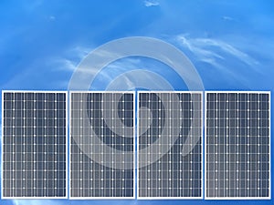 Power solar panel on blue sky background, alternative clean energy concept
