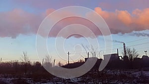 Power Station Chimneys Smoke At Sunrise