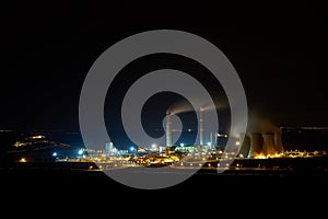 Power station, coal power plant in night, Smoke towers