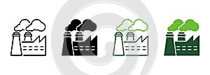 Power Station Electricity Energy Line and Silhouette Icon Set. Industry Building with Smoke. Power Plant Symbol