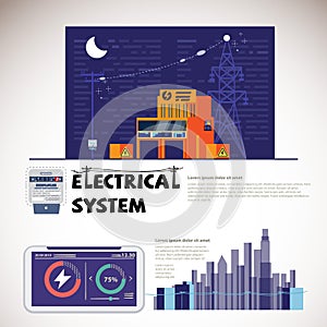 Power station, electricity generation, transmission - vector illustration