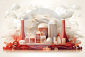 Power station, the oil refinery or petrochemical plant with smoke in paper cut art illustration style. Generative AI