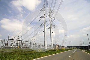 Power station and wintrack poles for carying electricity wires in Bleiswijk