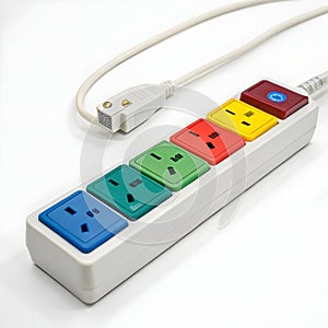 Power strip with colored boxes isolated on white background