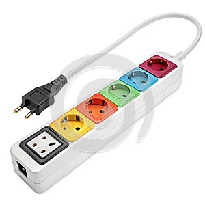 Power strip with colored boxes isolated on white background