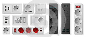 Power strip. Realistic electric socket with USB ports and switches, electricity turn on and off. 3D devices for connecting to
