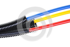 Power supply cables in corrugated pipe