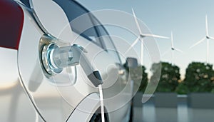 Power supply for electric car charging. Electric car charging station and Eolic Turbine on Background. 3d rendering