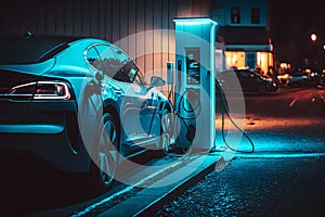 Power supply for hybrid electric car charging battery, eco car concept, illustration ai generative