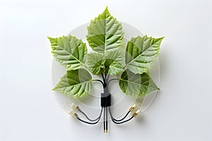 Power supply made of leaves or with a plant, symbolizing green innovation, eco-friendly