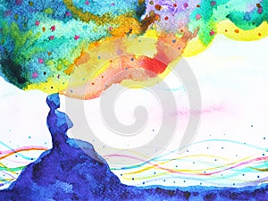 Power of thinking, abstract imagination, world, universe inside your mind watercolor painting