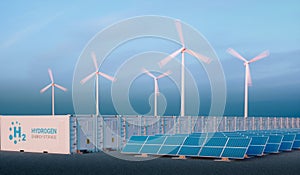 Power to gas concept in nice morning light. Hydrogen energy storage with renewable energy sources - photovoltaic and wind turbine