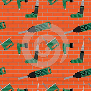 Power tools on brick wall pattern