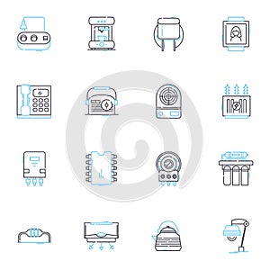 Power tools linear icons set. Drills, Saws, Sanders, Planers, Routers, Grinders, Hammer drills line vector and concept
