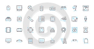 Power tools linear icons set. Drills, Saws, Sanders, Planers, Routers, Grinders, Hammer drills line vector and concept