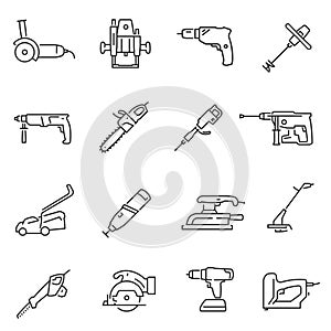 Power tools thin line icons set isolated on white. Carpentry, joinering, woodwork equipment.