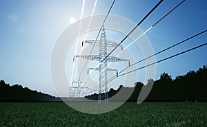 Power tower wires over blue sky