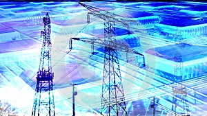 Power towers on the background of abstract circuit board of a computer processor microchip. Double exposure