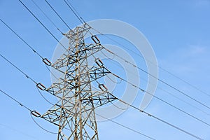 Power towers and lines with blue sky