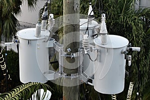 Power transformers on a pole to power the building photo