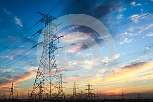 Power transmission tower at dusk