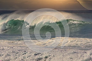 The power of the waves at North shore on Oahu at sunset.