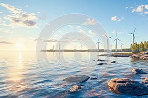 Power of wind turbine generating electricity clean energy on beautiful sea landscape background