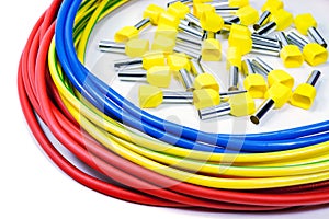 Power wires with cord end terminals on a white background