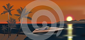 Powerboat and sunset illustration