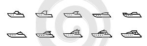 Powerboat and yacht line icon set. motor boats for sea travel and rest