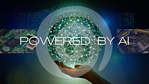 Powered by AI banner with computer processors and neural network