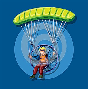 Powered paragliding, man fly in parachute with engine concept in cartoon illustration vector